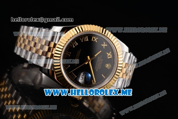 Rolex Datejust II Asia 2813 Automatic Two Tone Case/Bracelet with Black Dial and Roman Numeral Markers (BP) - Click Image to Close